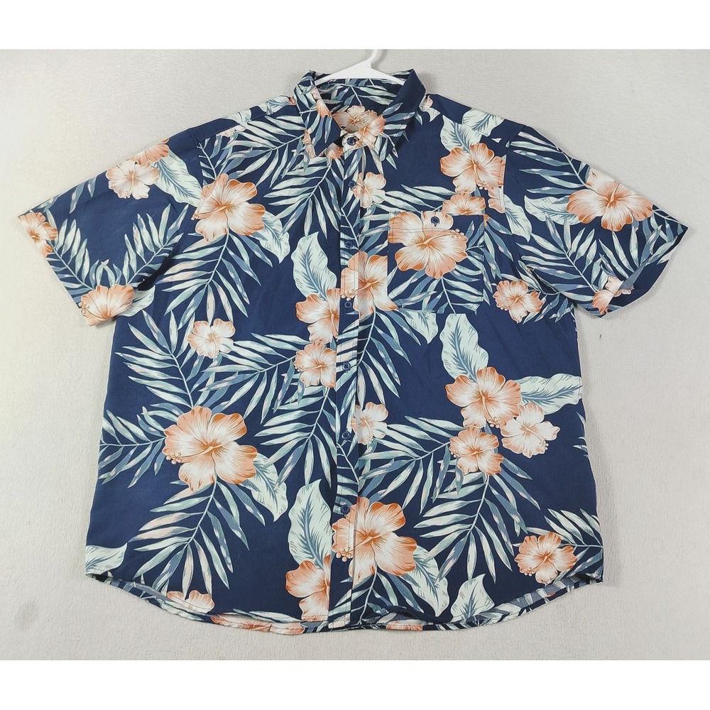 Mountain And Isles Shirt Mens Large Blue Floral Hawaiian Button Up Stretch Beach